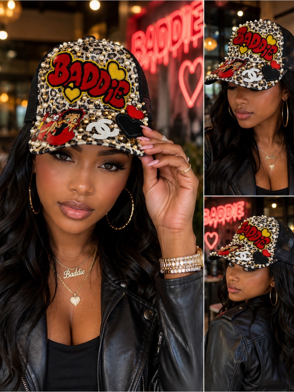 Upcycled Baddie Embellished Leopard Baseball Cap - Black/Red